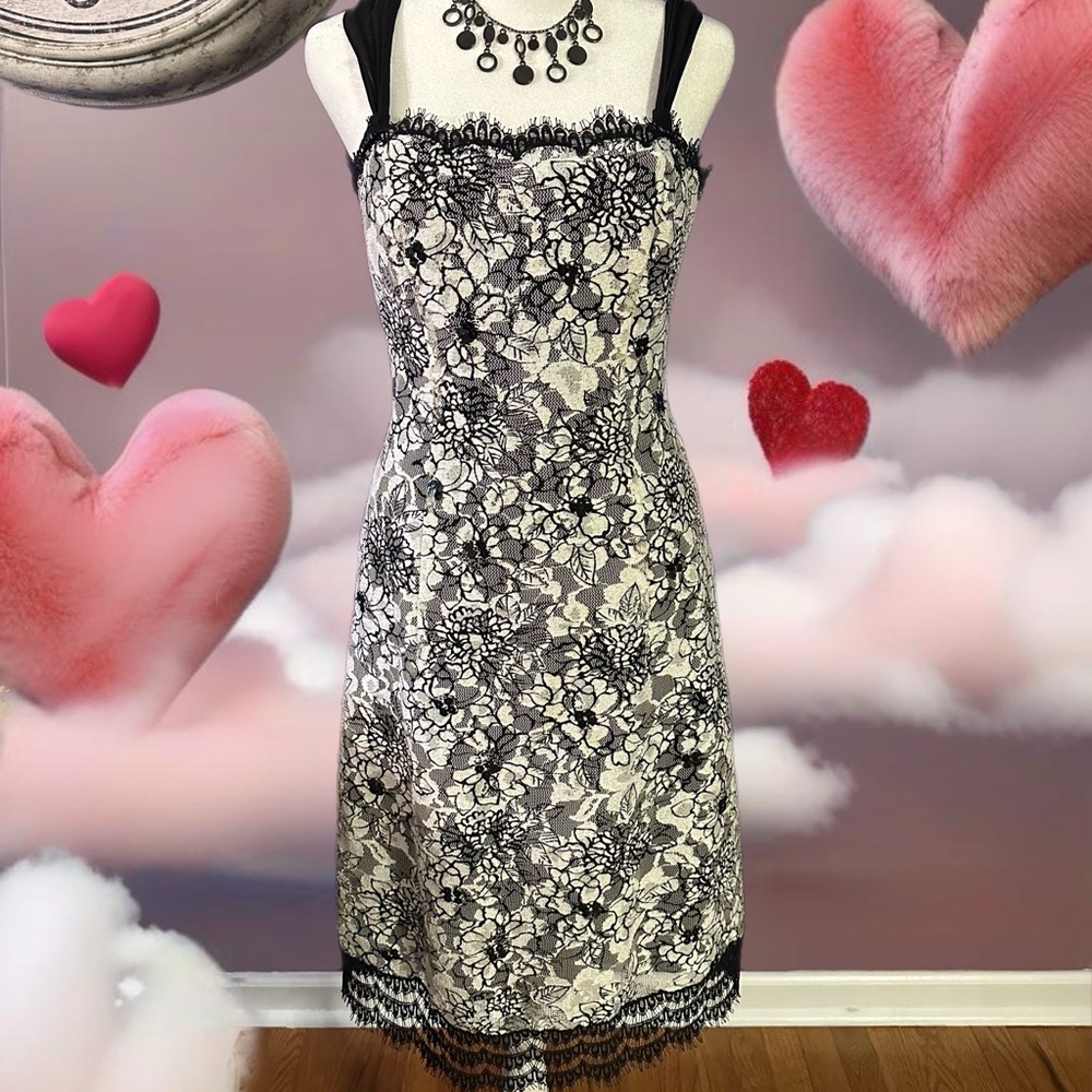 Adrianna black and white floral lace overlay dress